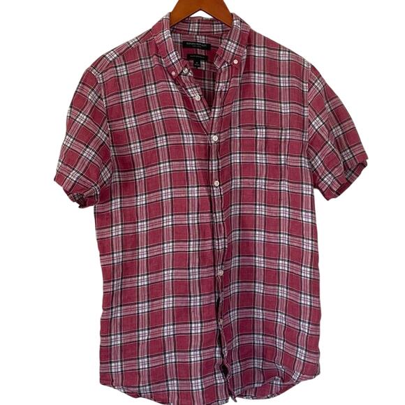 Banana Republic Camden Standard Fit Red Plaid Button Up Linen Shirt, M - Picture 1 of 12